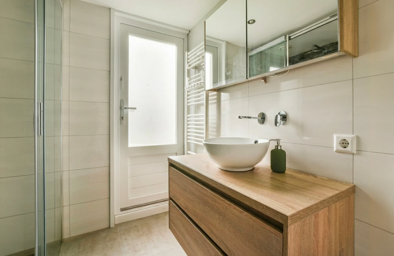 Salle de bain moderne et épurée avec vasque à poser ronde en céramique blanche sur meuble-vasque suspendu en bois naturel